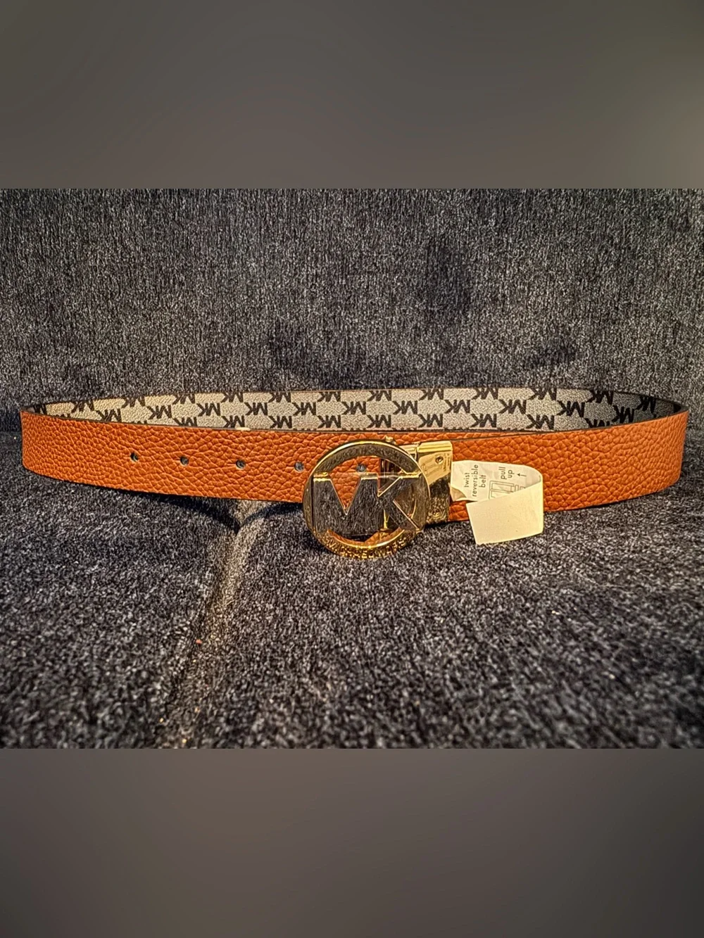 Michael Kors Beige MK Logo Belt with Tan Leather Reversible and Gold Buckle